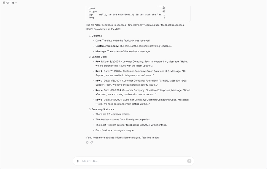 Text output from the user prompt and the attached data set